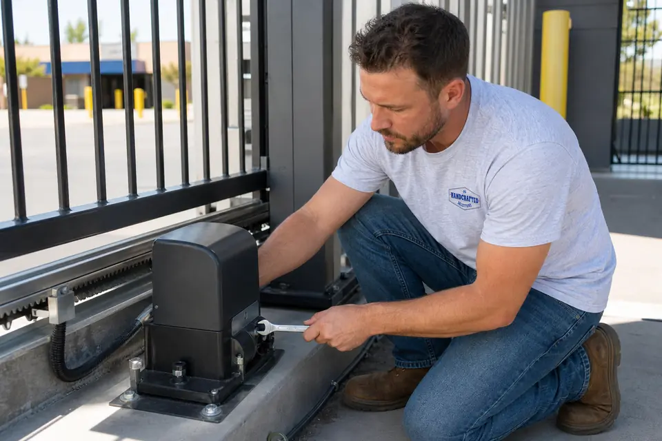 A Handcrafted Solutions technician kneeling to service a commercial slide gate operator with a wrench.