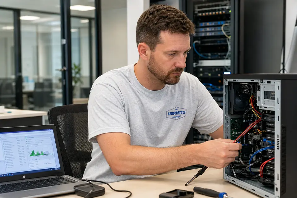A Handcrafted Solutions technician servicing a workstation at a desk in front of a network rack.