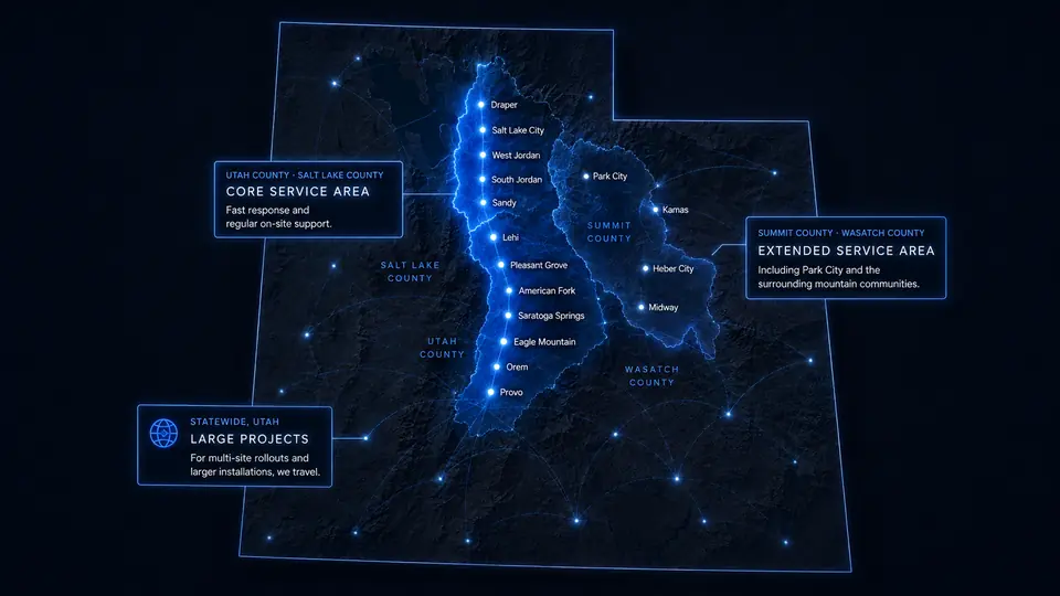 Map of Utah showing Handcrafted Solutions' coverage. A core service area spans Utah County and Salt Lake County — Provo, Orem, Eagle Mountain, Saratoga Springs, American Fork, Pleasant Grove, Lehi, Draper, Sandy, South Jordan, West Jordan and Salt Lake City — with fast response and regular on-site support. An extended service area covers Summit and Wasatch Counties, including Park City, Kamas, Heber City and Midway. Larger multi-site projects are taken statewide.